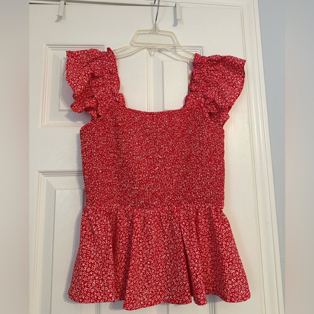 Entro Red Floral Ruffle Sleeve Women’s Top